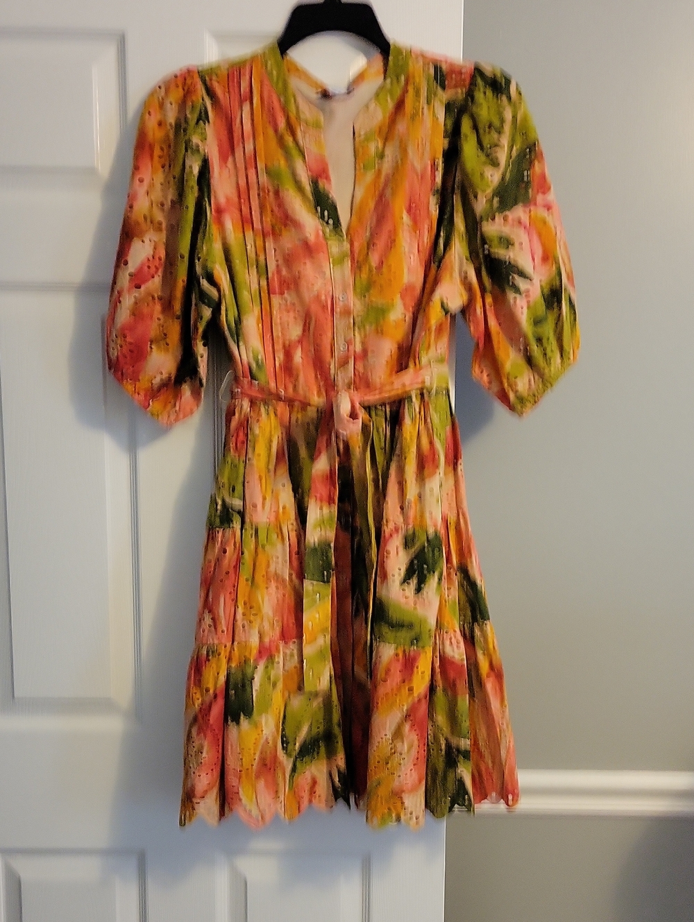 Gibson Latimer Watercolor Floral Tie-Waist Mini Dress in Pink and Green